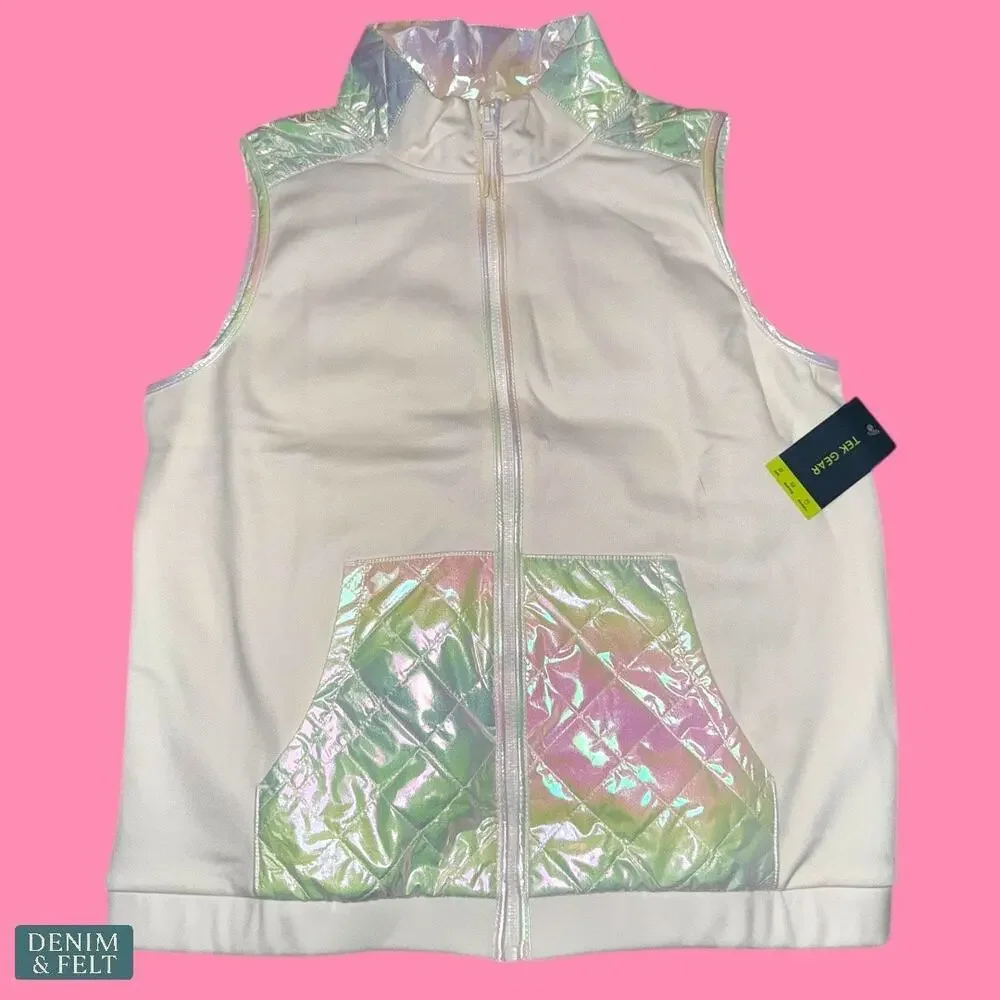 Tek Gear White Mixed Media Quilted Vest‎ Soft Zip Pockets Lightweight Layer NEW